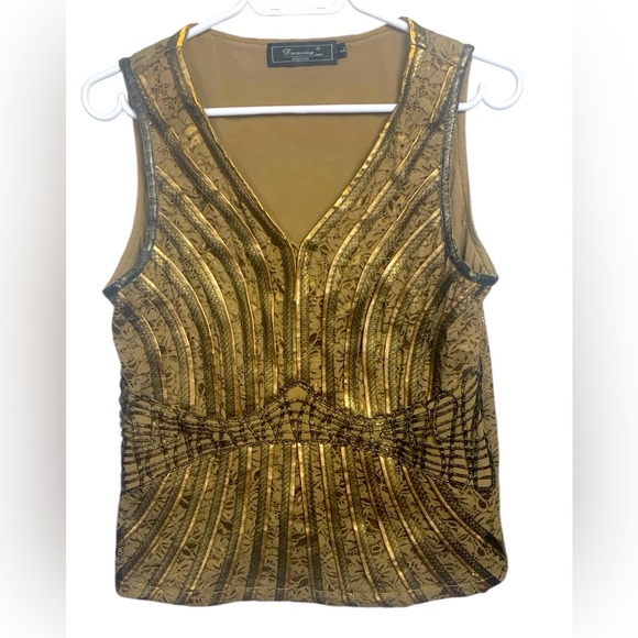Dancing Couture Rare Sleeveless Top Embellished w Leather. Gold w Bronze Silver - Picture 1 of 17